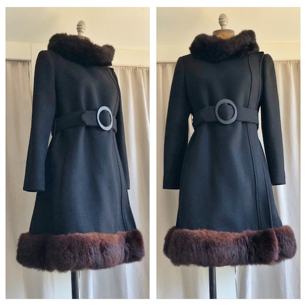 60s Black Plush Fur Trim Belted Princess Coat S M