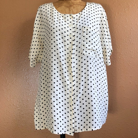 90s Silk Two Tone Polka Dot Box Cut Blouse S M L - image 3