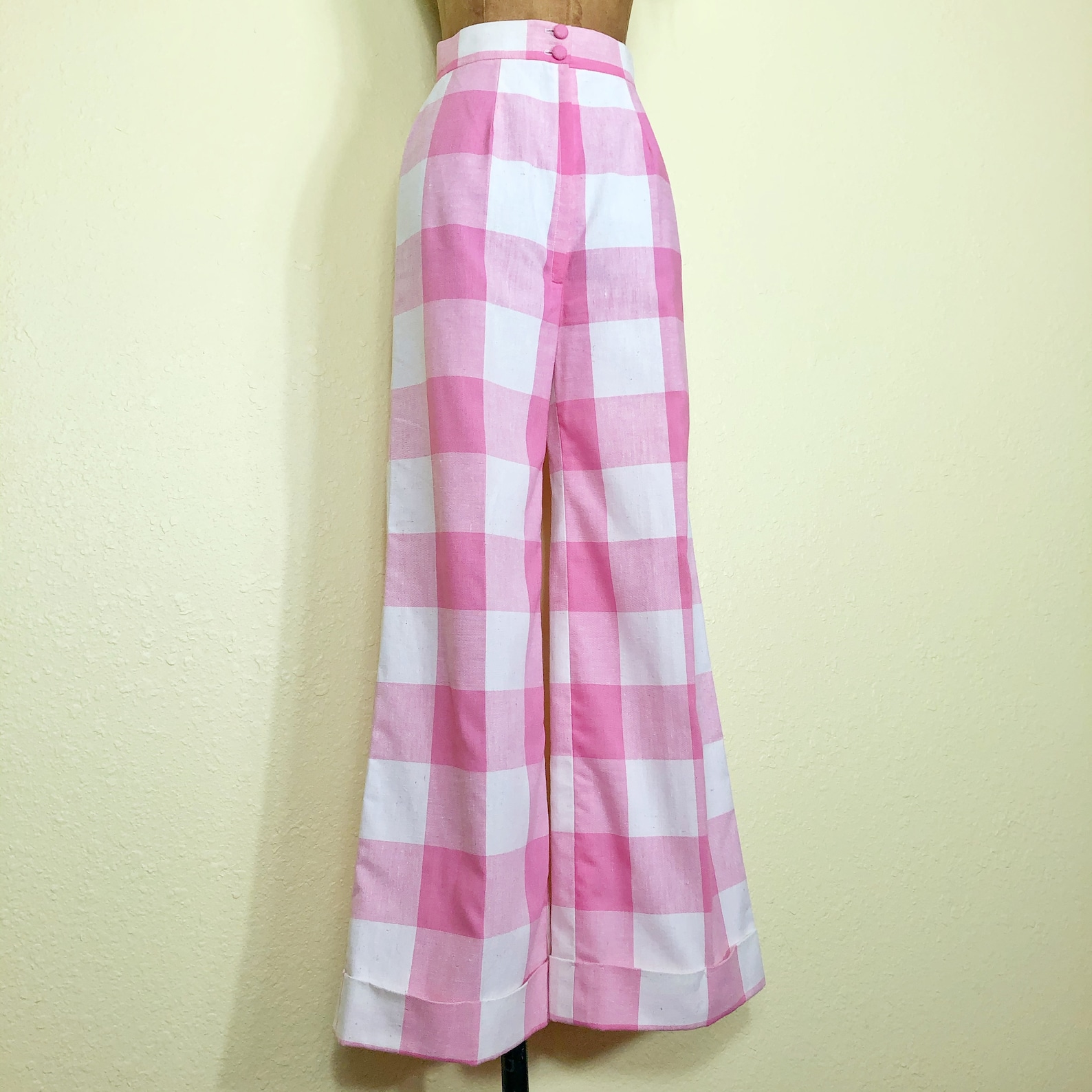 60s High Waist Pink White Checkered Flare Bell Bottom Pants XS | Etsy