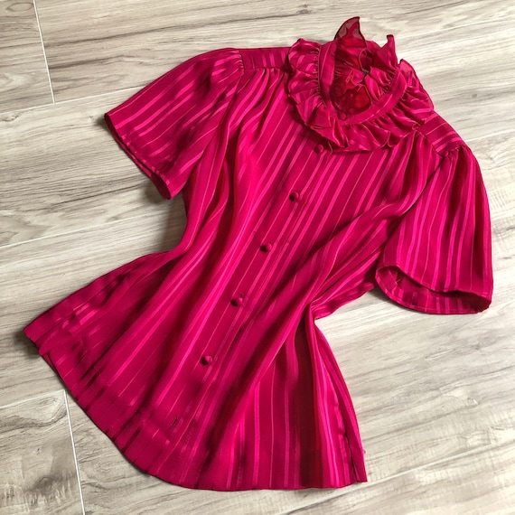 70s Raspberry Semi Sheer Ruffle Collar Pierrot Bl… - image 2