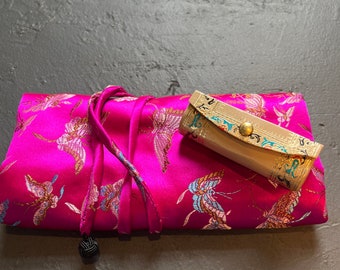 Vintage hot pink embroidered satin jewelry roll, fabric jewelry roll and lipstick case, purse accessories, jewelry travel roll