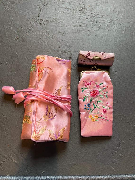 Vintage pink satin embroidered purse accessories, 