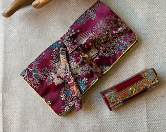 Vintage burgundy gold embroidered jewelry roll, leather lipstick case, made italy leather lipstick case, burgundy gold jewelry travel roll