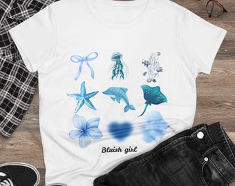 Women's Ocean Nature Gift, Sea Vibes, Cotton Tee, Dolphin Shirt, Whale, Nature T-shirt, Underwater Animal Tee, Summer Vintage, Bluish Girl