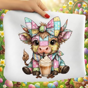 Easter Highland Cow PNG, Cute Patchwork Cow Sublimation Design, Coffee Lover Cow Png, Spring Floral Cow Png, Whimsical Easter Animal Png