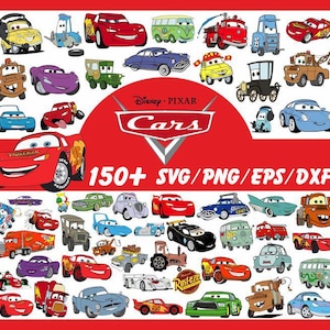 May include: A collection of colorful cartoon car illustrations, including Lightning McQueen, Mater, and other characters from the Disney Pixar Cars movie. The image includes the text "Cars" and "150+ SVG/PNG/EPS/DXF".