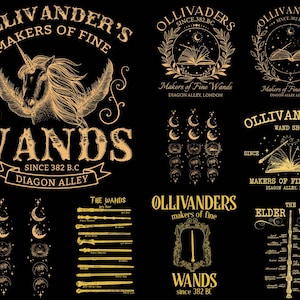 Pode incluir: Uma coleção de gráficos dourados sobre um fundo preto. Os gráficos incluem o texto "Ollivander's Makers of Fine Wands" com um unicórnio, varinhas e o texto "Diagon Alley". Outros gráficos incluem livros abertos e luas crescentes.