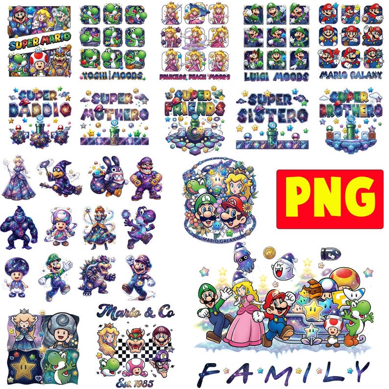 Puede incluir: Una colecci&oacute;n de gr&aacute;ficos coloridos con el tema de Super Mario Bros. La imagen incluye varios personajes como Mario, Luigi, la Princesa Peach y Yoshi, junto con texto como "Super Mario", "Family" y "Mario & Co."