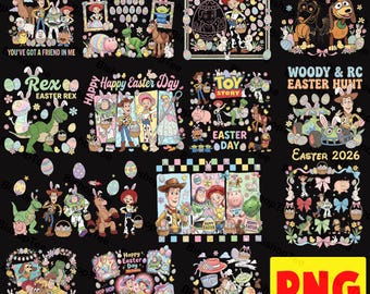 Toy Story Easter PNG-bundel, Happy Easter 2026-sublimatie, Woody Buzz Jessie Rex-ontwerp, schattig konijntje paaseieren zoeken png, kindershirt digitaal