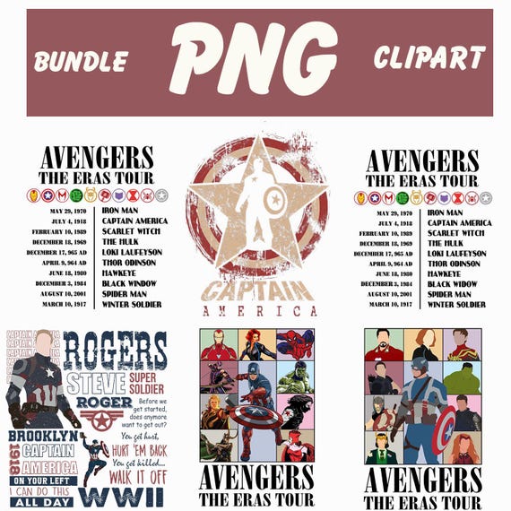 Captain America Png Bundle, Super Hero Png,  Rogers Png, Avenger MCU Assemble, Avengers The Eras Tour Png, Marvel Fan Gift