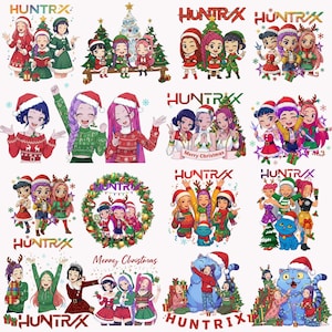 Peut inclure: Plusieurs illustrations de Noël avec des personnages de dessins animés portant des bonnets de Père Noël et des tenues festives. Le mot "HUNTRX" est présent. Des sapins de Noël et des cadeaux sont également représentés, avec le texte "Merry Christmas".