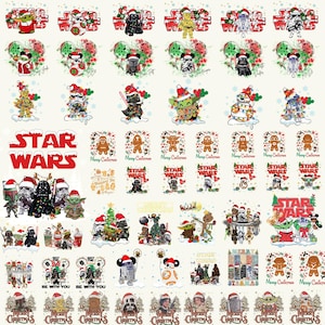 May include: A collection of Star Wars-themed Christmas designs. The images feature characters like Yoda, Darth Vader, and Stormtroopers wearing Santa hats, along with gingerbread figures and the Star Wars logo. The designs are festive and colorful.