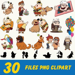 Puede incluir: Una colección de 30 archivos de imágenes prediseñadas PNG con personajes y elementos de la película animada "Up". Las ilustraciones incluyen personajes como Carl, Russell y Dug, junto con globos y otras imágenes relacionadas. El texto "30 FILES PNG CLIPART" se muestra en amarillo y azul.