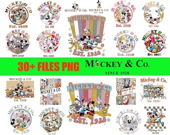 May include: A collection of Mickey & Co. designs, featuring various illustrations of Mickey Mouse and friends. The designs include the text "Est. 1928" and "Mickey & Co.", with a green banner that reads "30+ FILES PNG Mickey & Co. Since 1928".