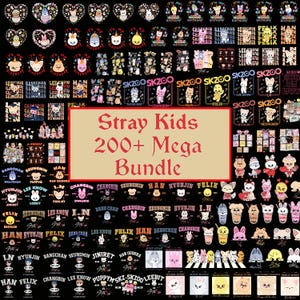 Puede incluir: Una colección de merchandising de Stray Kids con varios diseños. La imagen incluye camisetas, pegatinas y otros artículos con personajes de dibujos animados y texto. El texto central dice "Stray Kids 200+ Mega Bundle."
