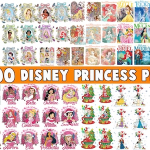 May include: A collection of 100 Disney Princess PNG images. The images feature various princesses in different poses and settings, including framed portraits, teacups, and Christmas-themed designs. The text "100 DISNEY PRINCESS PNG" is prominently displayed.