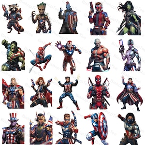 Puede incluir: Una colección de ilustraciones de personajes de superhéroes, cada uno con una combinación de colores patrióticos rojo, blanco y azul. Los personajes incluyen un mapache, Groot y otros, todos en poses dinámicas. La imagen tiene el texto "BishopTee".