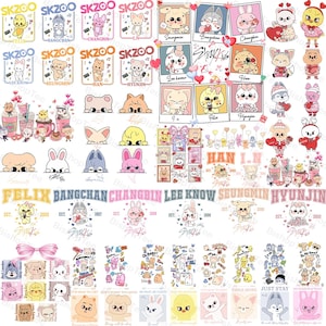 May include: A collection of colorful stickers and illustrations featuring cartoon animal characters. The designs include various animals with different expressions, hearts, and text. The stickers are in a variety of shapes and sizes, with some featuring the text "SKZOO".