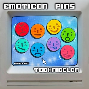 May include: A computer screen displays eight colorful emoticon pins with various facial expressions. The pins are arranged on a blue background with the words "EMOTICON PINS" and "TECHNICOLOR" at the top and bottom. A cursor hovers over the screen.