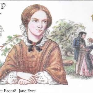 Cartolina PHQ d'epoca, 4 biglietti, autrici, francobolli di Charlotte Brontë, progetti artistici, diari, decorazioni murali, artigianato