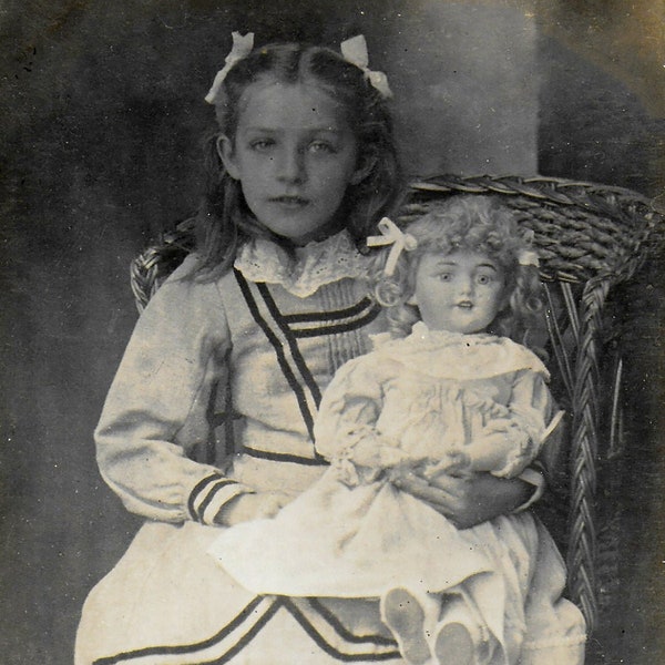 Digital Download Photo From Original, Edwardian Girl, Pretty Dress, Pig Tails, Baby Doll, , Fashion, Antique Doll Social History 300 DPI