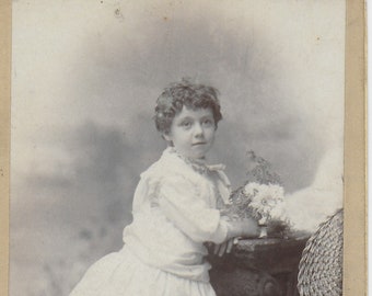 Victorian Photo,  Cabinet Card, Young Girl, White Dress, White Shoes, Bouquet of Flowers, Curls, Stuart, Glasgow, Helensburgh