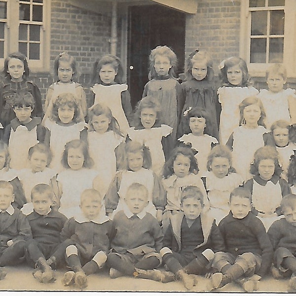 RPPC, School Photo,Edwardian School,  School Boys, White Pinafore, Pinafore Dress, Teacher, School Yard, Social History