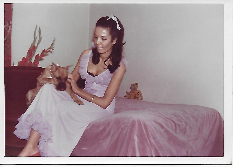 Sitting on Bed Lady in Nightie Long Dark Hair Holding Puppy Vintage Photo Colour Photo Lady in Negligee