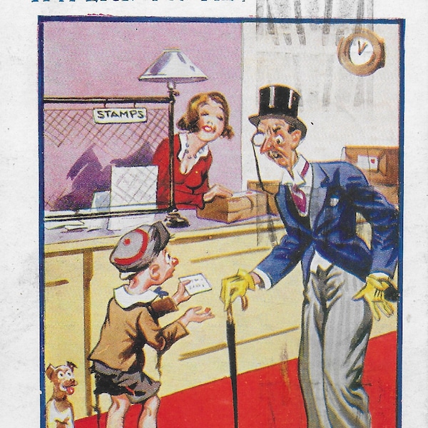 Vintage Postcard, Please Mister, Boy in Post Office, Man in Top hat, Posted 1937