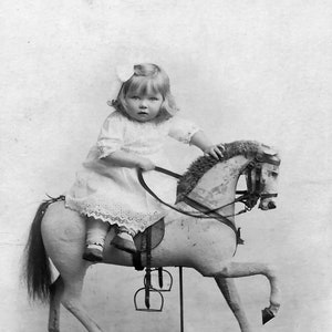 Reprint Photo From Original, Edwardian Girl, Blonde Hair, Rocking Horse, Hotse on Wheels,, Fashion, Social History 6x4&quot;