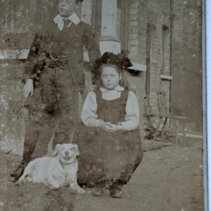 Antieke CDV, vintage familieportret met hond – sepia buitenfoto, vervaagd, kinderen