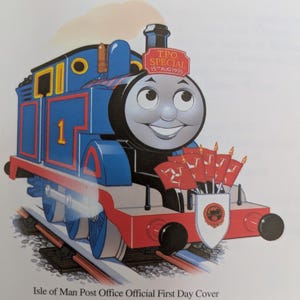 Sobre de primer día de Thomas y sus amigos, Isla de Man, 1995, 6 sellos, en sobre, matasellos