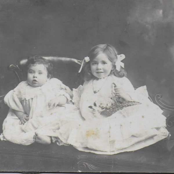 Vintage Photograph, Edwardian Children, Young Girl with  Flower Basket, Hair in Bunches, Chaise Longue