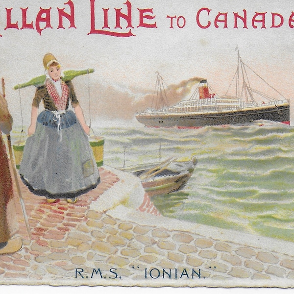 Vintage Illustrated Postcard Allan Line, RMS Ionian, Sea Travel, Sailing, Liverpool, Canada, Sea Journey