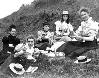 Reprint, Copy, Time For Tea, Picnic, Victorian Ladies, Victorian Fashion, Picnic Baskets, Strawboater, Tea party  Social History, Old Photos