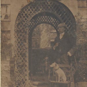 Victoriaanse CDV, man in tuin, hond op stoel,