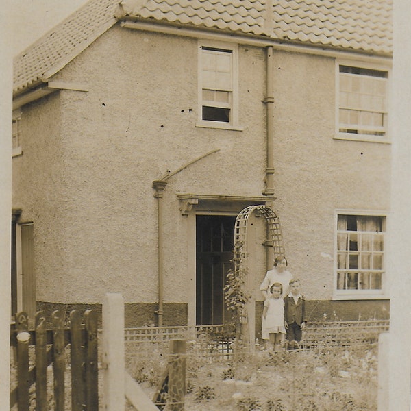 RPPC, Postcard, Vintage Photo, Country House, Semi Detached House, Sash Windows, Mother & Children, Front Garden