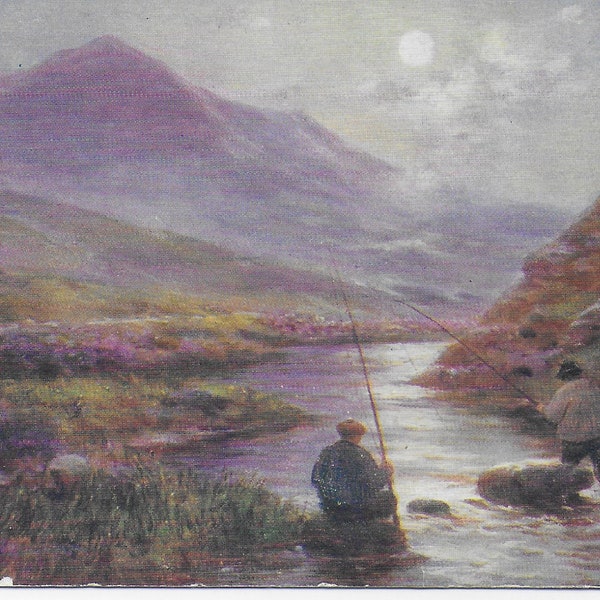 Vintage Postcard, Glen Shiel, Fishing in River, Travel, Wildt & Kray, Lovely Back