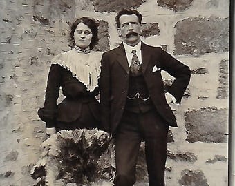 Vintage Photograph, Edwardian Couple, Backyard, Chair with Rug Over it, Stone walls