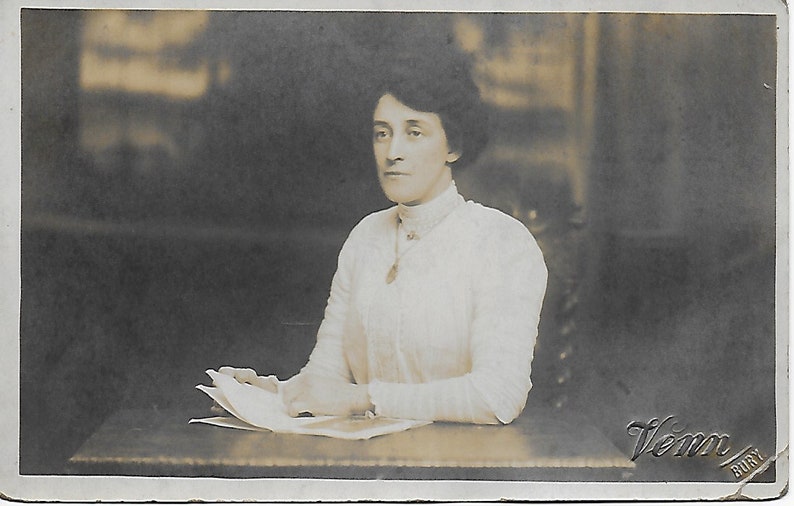 Real Photo Bookworm Young Lady Book Social History Reading Book Sitting at Table RPPC