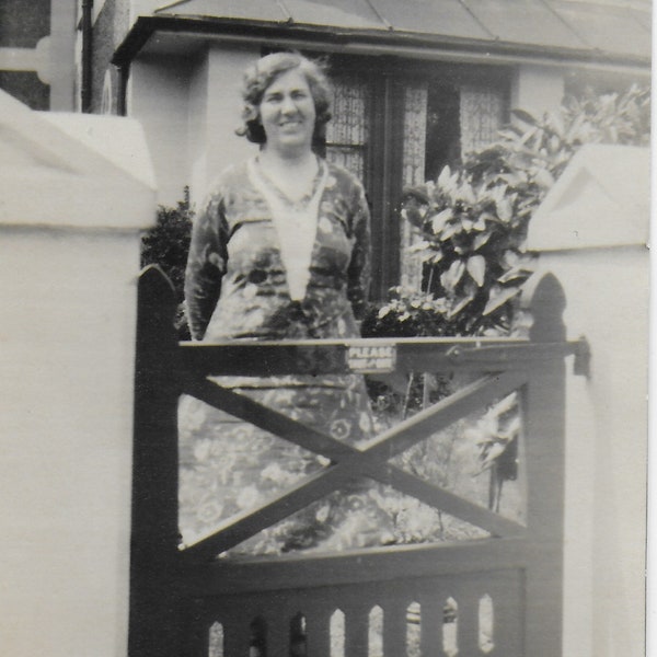 RPPC, Lady at the Gate, Outside House, Vintage Photo, Patterned Dress, 1933, Social History