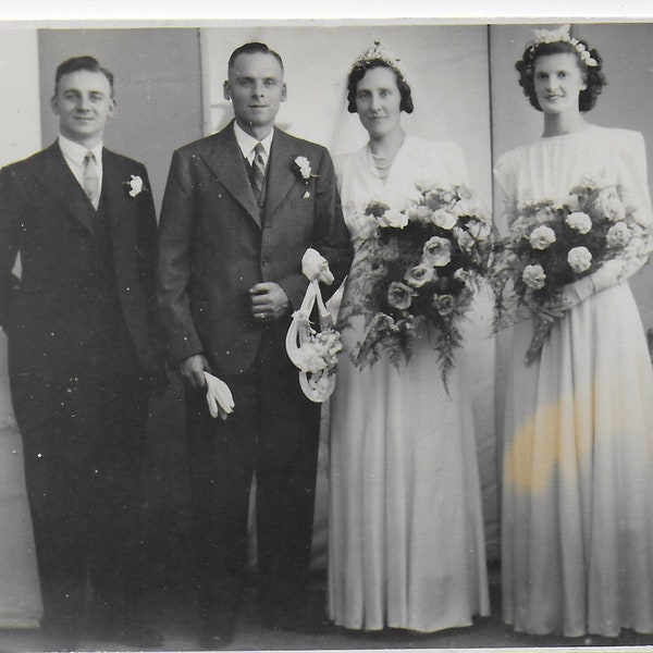 Vintage Photo, Wedding photo, Bride, Irene, George, 1942,,Wedding Bouquet, Wedding Day, Beautiful Bride,Lace Dress, Bridesmaid, Page Boy