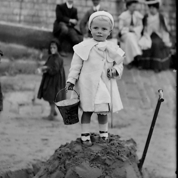 Digital Download, King of the Sand Castle, Edwardian Child on Sand Hill, Day At Beach, Sun Hats, , Fashion, Social History
