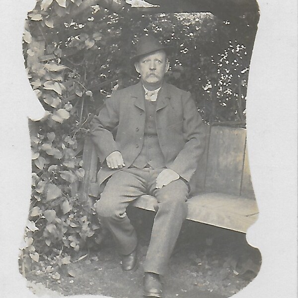 RPPC, Real Photo, YGentleman in Garden, Garden Seat, Bowler, Shelter, Social History, Old Photo