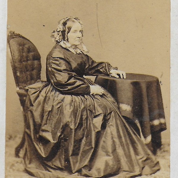 Victorian CDV , Victorian Lady, 1860s, Big Floating Skirt,Hand on Table, Carpet, Francis, London