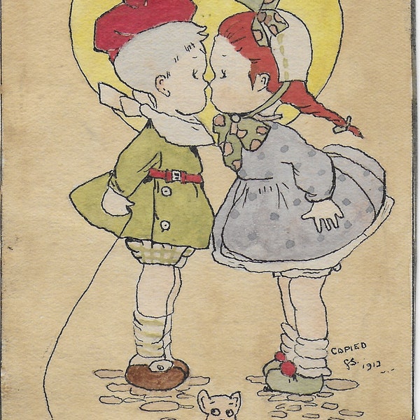 Amateur Hand Drawn and Painted Postcard, Kiss Me Quick, Girl Kissing Boy, 1912