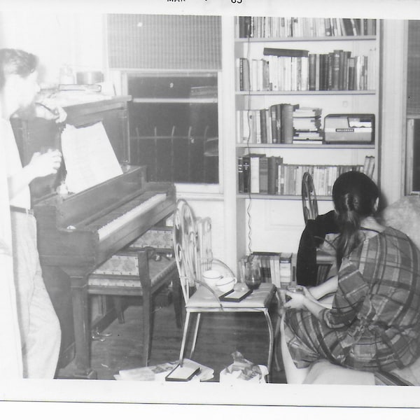 Vintage Photograph, Living room, Piano, Bookcase, Clutter