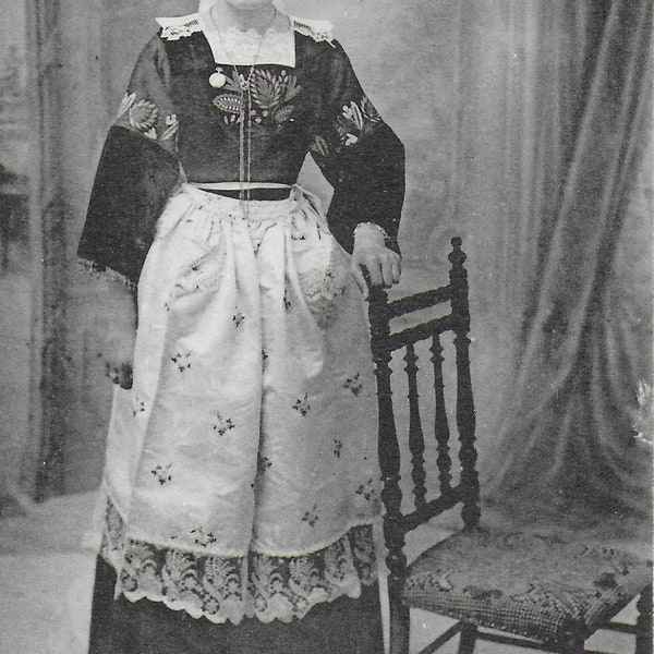 RPPC, Young Girl from Trébeurden, Lace Pinny, Hair Back Chair, French Postcard