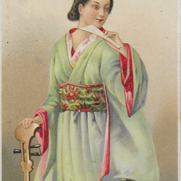 Vintage Postcard, Geisha Girl, Japanese Costumes, Green, Red, 1942
