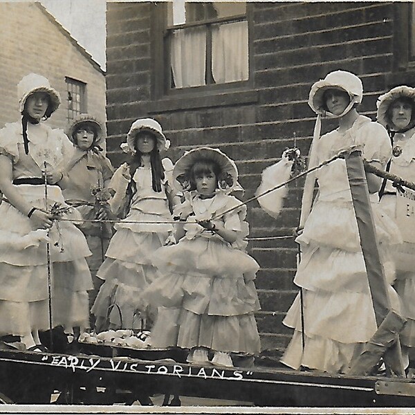 RPPC, School, School Float, Early Victorian Dress Up,  Victorian Dresses, Victorian Ladies, , School Yard, Social History